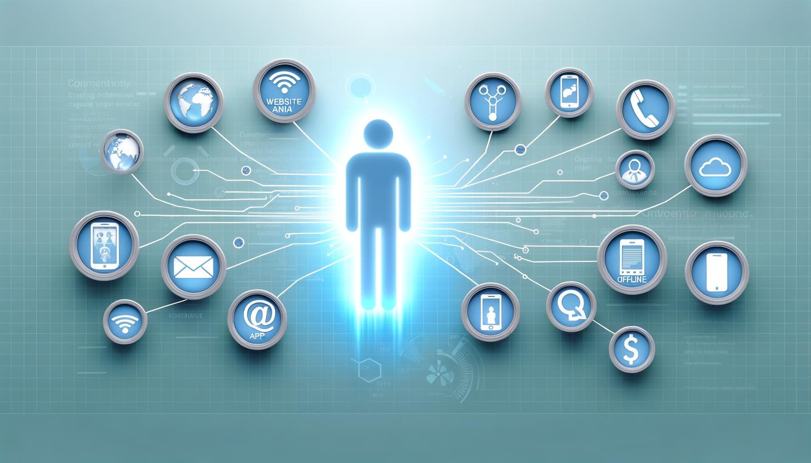 Moderne, digitale Illustration einer Person, die über Lichtstrahlen mit verschiedenen Touchpoints wie Website, Social Media, E-Mail, App, Telefon, Offline-Store und QR-Code verbunden ist. Hinterlegt mit Diagrammen und Daten-Grafiken in Blau- und Cyantönen.
