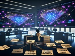 Moderner Arbeitsplatz mit zwei Monitoren voller bunter Data Dashboards, Post-its mit Schlagwörtern wie ‚Event-Tracking‘ und ‚Consent‘, und digitalen Symbolen für verschiedene Marketing-Kanäle, verbunden durch leuchtende Linien.