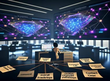 Moderner Arbeitsplatz mit zwei Monitoren voller bunter Data Dashboards, Post-its mit Schlagwörtern wie ‚Event-Tracking‘ und ‚Consent‘, und digitalen Symbolen für verschiedene Marketing-Kanäle, verbunden durch leuchtende Linien.