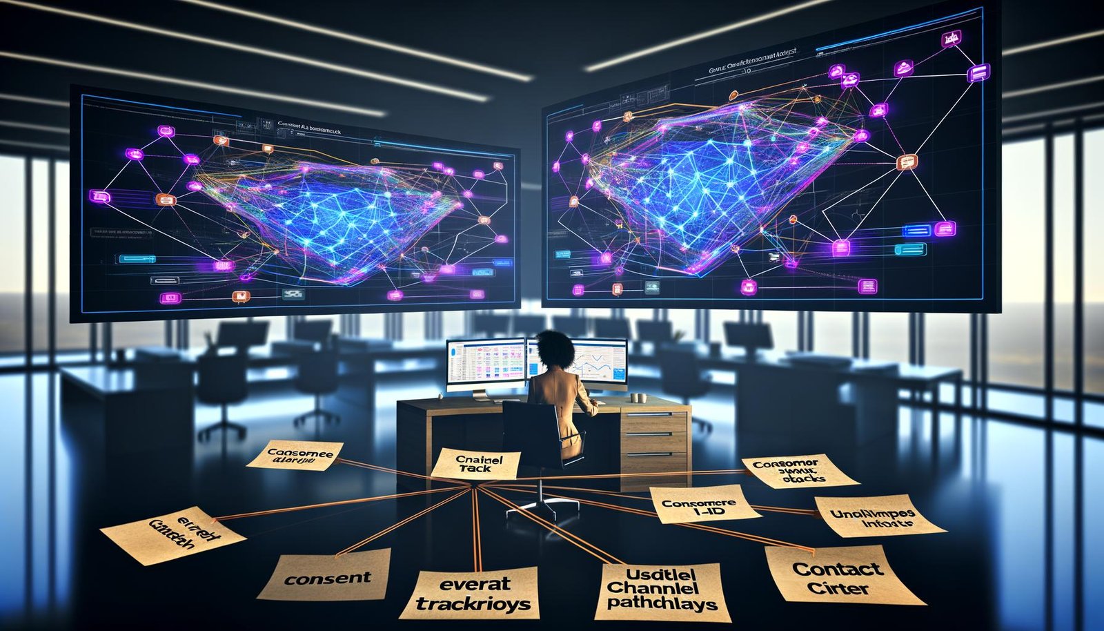 Moderner Arbeitsplatz mit zwei Monitoren voller bunter Data Dashboards, Post-its mit Schlagwörtern wie ‚Event-Tracking‘ und ‚Consent‘, und digitalen Symbolen für verschiedene Marketing-Kanäle, verbunden durch leuchtende Linien.