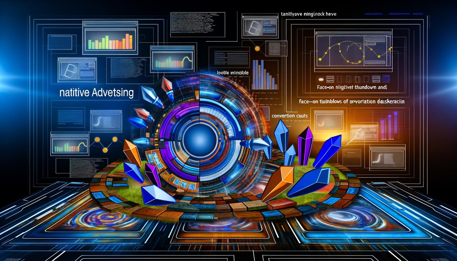 Futuristisches Titelbild mit digitalen Content-Widgets, Native-Ads, technischen Diagrammen, Performance-Kurven und Datenströmen, akzentuiert in Blau und Orange; im Hintergrund das Revcontent-Logo.