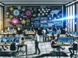 Diverse Teams in einem modernen Open-Space-Büro besprechen komplexe Daten-Flows, Diagramme und vernetzte Dashboards vor digitalen Whiteboards und Laptops; Echtzeit-Analysen und Data Governance-Checklisten auf großen Bildschirmen im Hintergrund.