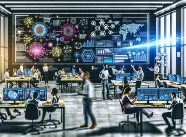 Diverse Teams in einem modernen Open-Space-Büro besprechen komplexe Daten-Flows, Diagramme und vernetzte Dashboards vor digitalen Whiteboards und Laptops; Echtzeit-Analysen und Data Governance-Checklisten auf großen Bildschirmen im Hintergrund.