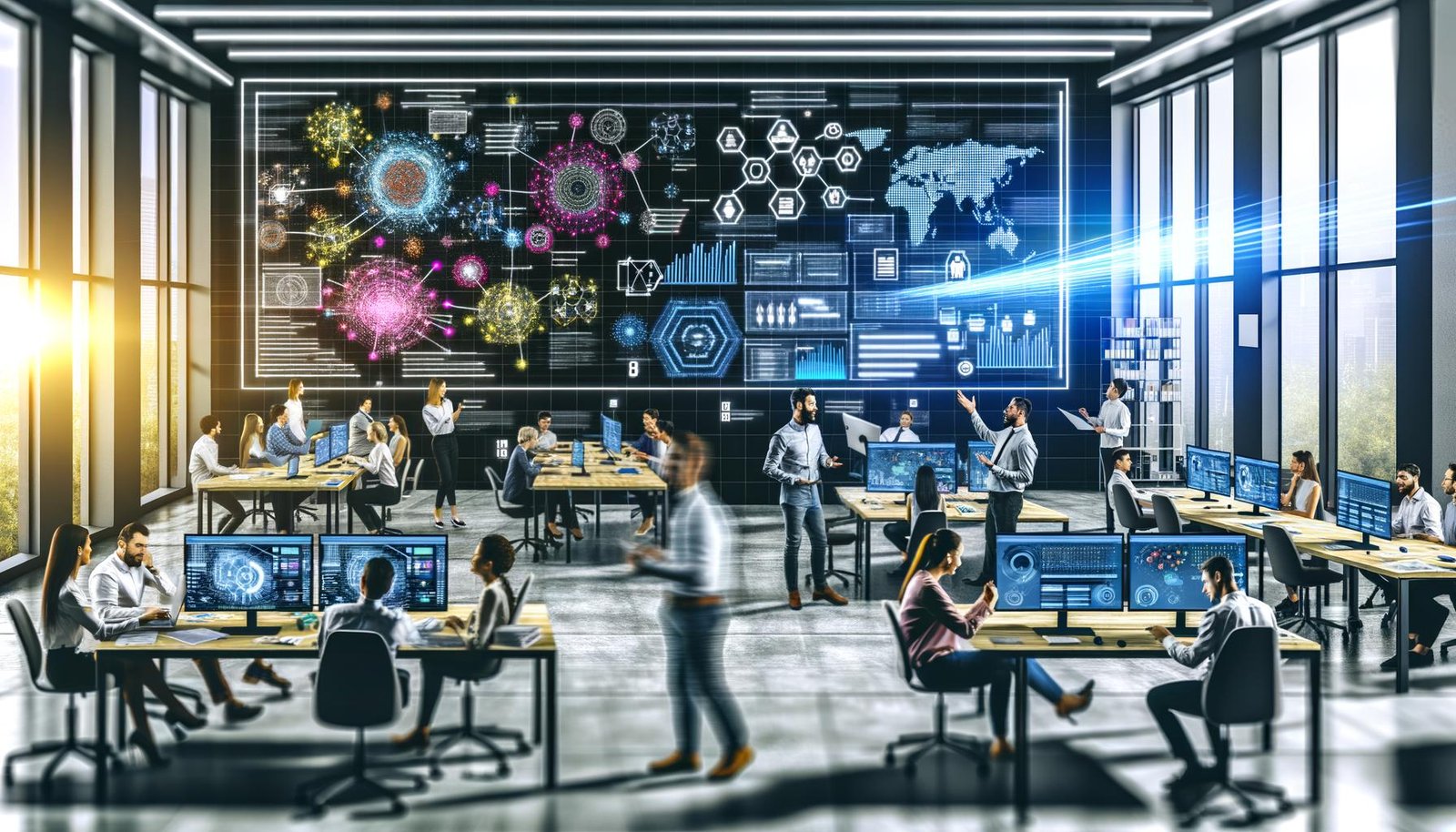 Diverse Teams in einem modernen Open-Space-Büro besprechen komplexe Daten-Flows, Diagramme und vernetzte Dashboards vor digitalen Whiteboards und Laptops; Echtzeit-Analysen und Data Governance-Checklisten auf großen Bildschirmen im Hintergrund.