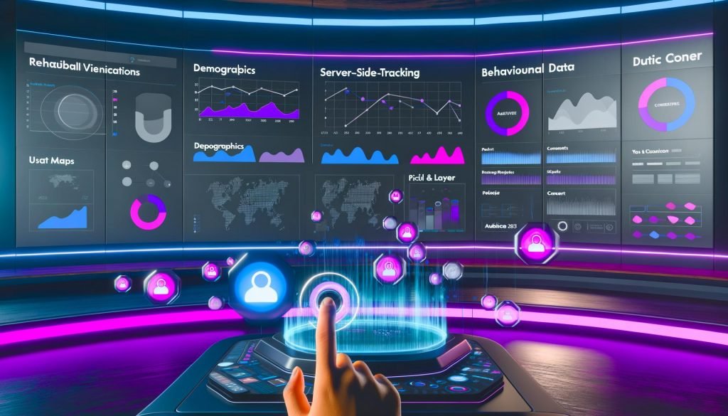 Futuristisches Workspace mit Monitoren, komplexen Dashboard-Visualisierungen, digitalen Reglern und Hologramm-Icons für Audience-Tracking 2025.