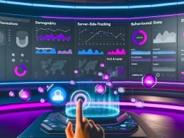 Futuristisches Workspace mit Monitoren, komplexen Dashboard-Visualisierungen, digitalen Reglern und Hologramm-Icons für Audience-Tracking 2025.