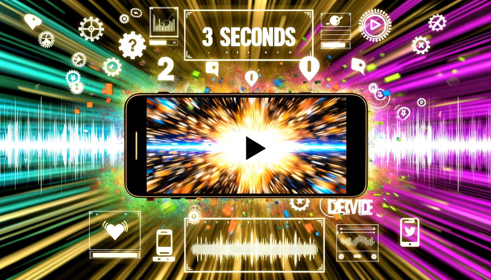 Smartphone mit grellem X Reel Start, dominante Farben, auffälliger Text und Algorithmus-Grafiken, TikTok- und Instagram-Logos im Hintergrund