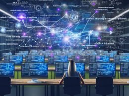 Innovativer Arbeitsplatz mit leuchtenden Bildschirmen, datenbasierten Marketing-Analysen, KI-gesteuerten Dashboards und einem Marketer, der Ad-Delivery-Flows zwischen Nutzer-Signalen, Creatives, Kontext und Conversions auswertet, mit mathematischen Formeln, blauen und violetten Farbtönen und dezentem Revcontent-Branding.