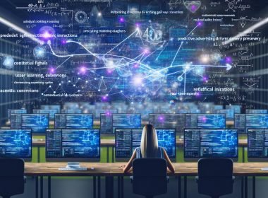 Innovativer Arbeitsplatz mit leuchtenden Bildschirmen, datenbasierten Marketing-Analysen, KI-gesteuerten Dashboards und einem Marketer, der Ad-Delivery-Flows zwischen Nutzer-Signalen, Creatives, Kontext und Conversions auswertet, mit mathematischen Formeln, blauen und violetten Farbtönen und dezentem Revcontent-Branding.