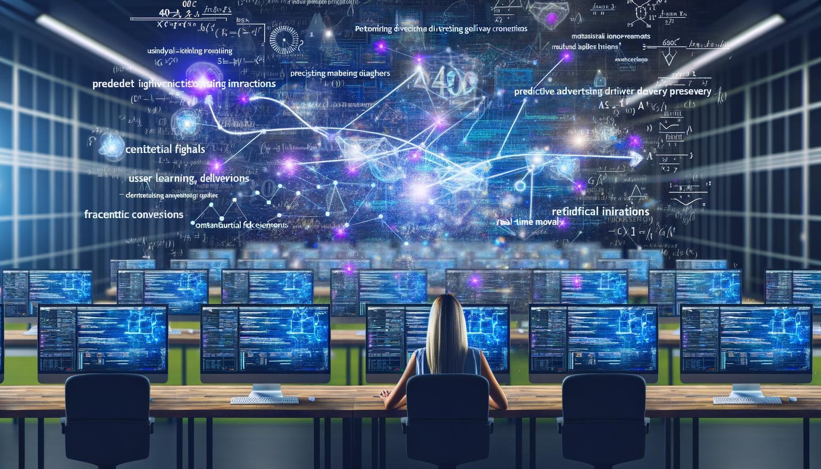 Innovativer Arbeitsplatz mit leuchtenden Bildschirmen, datenbasierten Marketing-Analysen, KI-gesteuerten Dashboards und einem Marketer, der Ad-Delivery-Flows zwischen Nutzer-Signalen, Creatives, Kontext und Conversions auswertet, mit mathematischen Formeln, blauen und violetten Farbtönen und dezentem Revcontent-Branding.