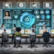 Modernes Büro mit Team, das auf große Bildschirme blickt, futuristisches Dashboard und Dataflow mit KI-Empfehlungen, verblasste klassische Tools im Hintergrund.