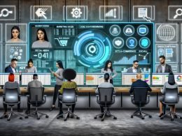 Modernes Büro mit Team, das auf große Bildschirme blickt, futuristisches Dashboard und Dataflow mit KI-Empfehlungen, verblasste klassische Tools im Hintergrund.