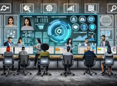 Modernes Büro mit Team, das auf große Bildschirme blickt, futuristisches Dashboard und Dataflow mit KI-Empfehlungen, verblasste klassische Tools im Hintergrund.