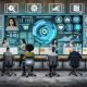 Modernes Büro mit Team, das auf große Bildschirme blickt, futuristisches Dashboard und Dataflow mit KI-Empfehlungen, verblasste klassische Tools im Hintergrund.