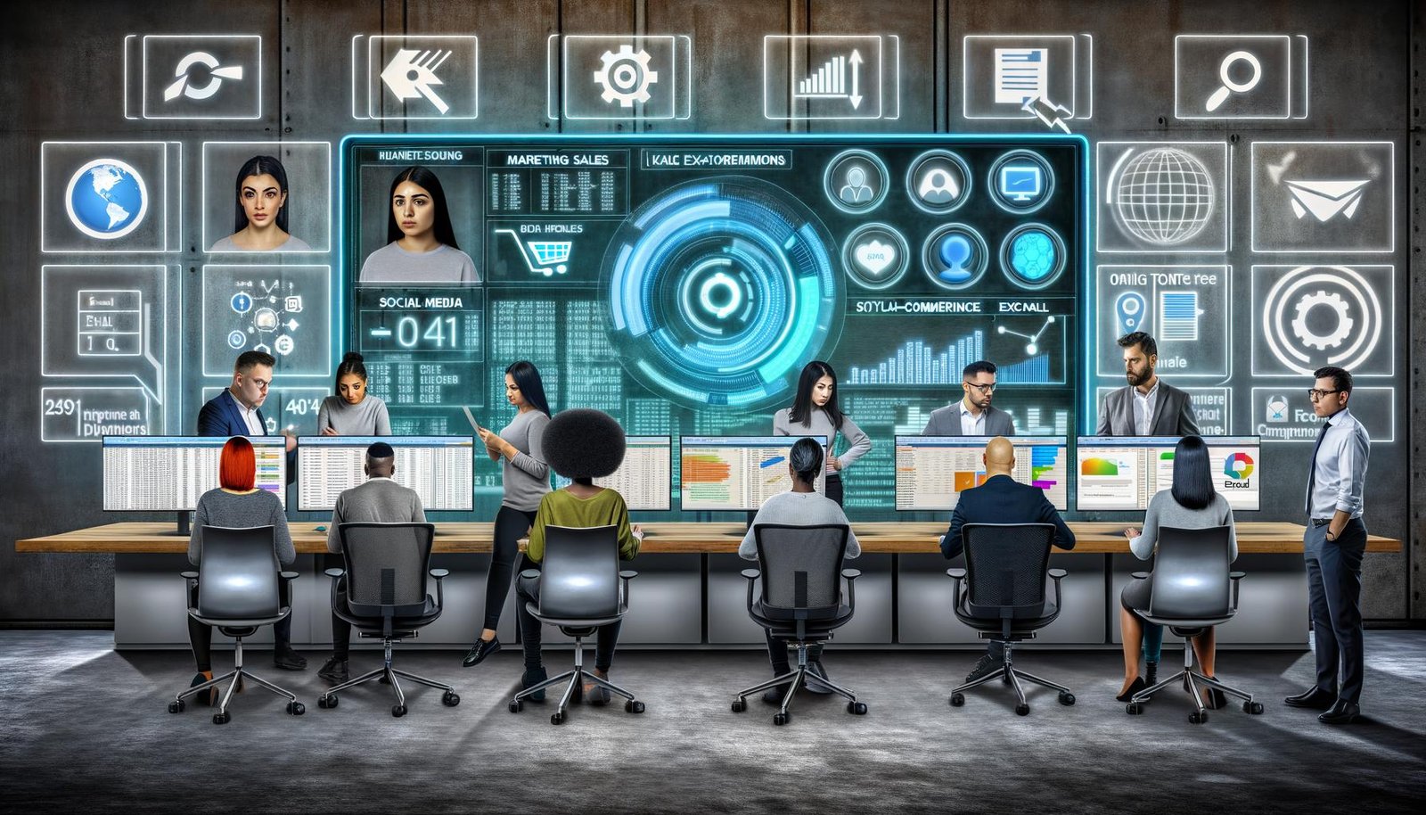 Modernes Büro mit Team, das auf große Bildschirme blickt, futuristisches Dashboard und Dataflow mit KI-Empfehlungen, verblasste klassische Tools im Hintergrund.