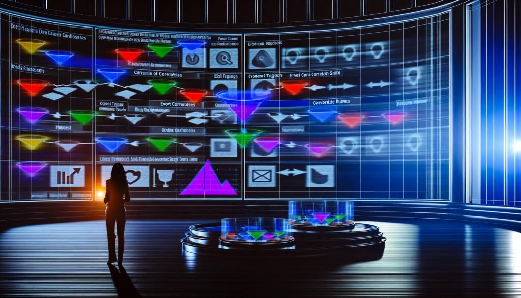 Futuristisches Büro mit transparenten Displays, bunten Datenströmen und einem Marketer, der kritische Conversion-Analysen an einem digitalen Funnel vornimmt. Schatten klassischer Analytics-Tools im Hintergrund.