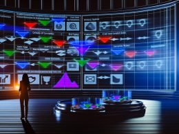 Futuristisches Büro mit transparenten Displays, bunten Datenströmen und einem Marketer, der kritische Conversion-Analysen an einem digitalen Funnel vornimmt. Schatten klassischer Analytics-Tools im Hintergrund.