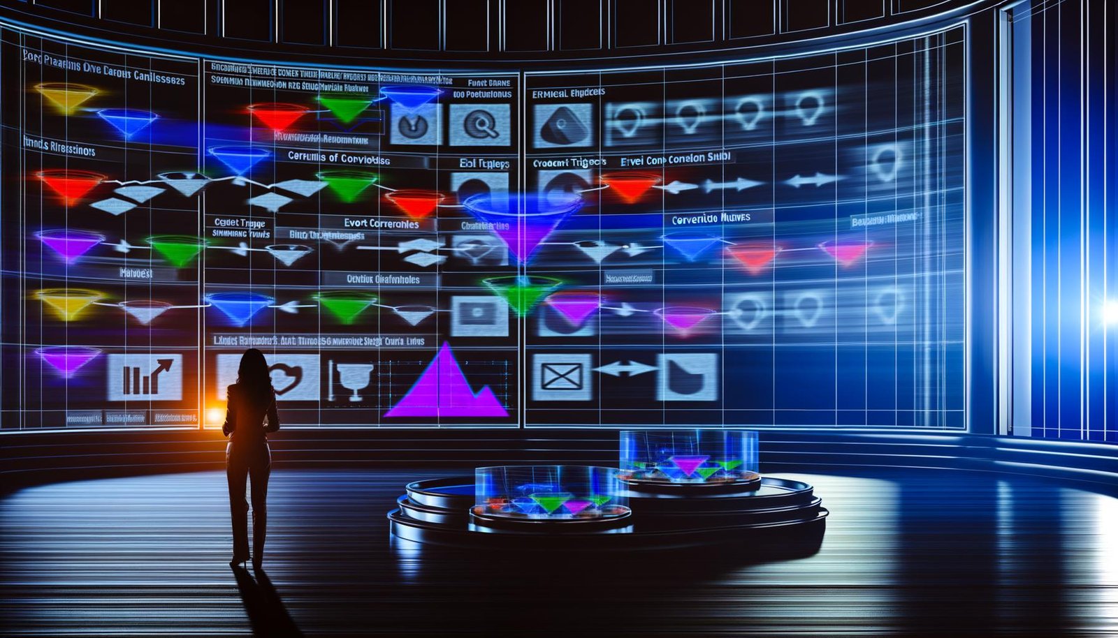 Futuristisches Büro mit transparenten Displays, bunten Datenströmen und einem Marketer, der kritische Conversion-Analysen an einem digitalen Funnel vornimmt. Schatten klassischer Analytics-Tools im Hintergrund.