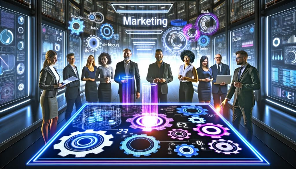 Fokussierte, diverse Marketing- und Tech-Profis analysieren Daten an einem interaktiven Tisch mit holografischen Diagrammen in einer modernen Hightech-Umgebung.