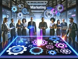 Fokussierte, diverse Marketing- und Tech-Profis analysieren Daten an einem interaktiven Tisch mit holografischen Diagrammen in einer modernen Hightech-Umgebung.