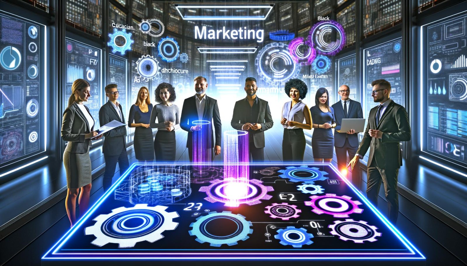 Fokussierte, diverse Marketing- und Tech-Profis analysieren Daten an einem interaktiven Tisch mit holografischen Diagrammen in einer modernen Hightech-Umgebung.