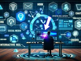 Illustration eines Creators, der vor einem Bildschirm ein innovatives X Reel Storyboard mit schwebenden Social Media-Elementen und Tools erstellt.