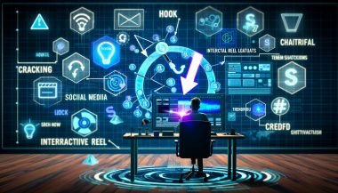 Illustration eines Creators, der vor einem Bildschirm ein innovatives X Reel Storyboard mit schwebenden Social Media-Elementen und Tools erstellt.