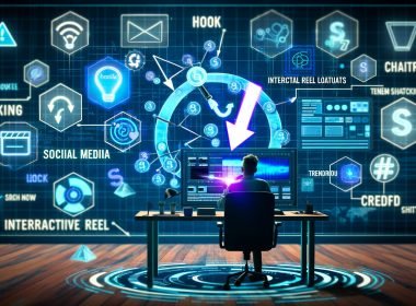 Illustration eines Creators, der vor einem Bildschirm ein innovatives X Reel Storyboard mit schwebenden Social Media-Elementen und Tools erstellt.