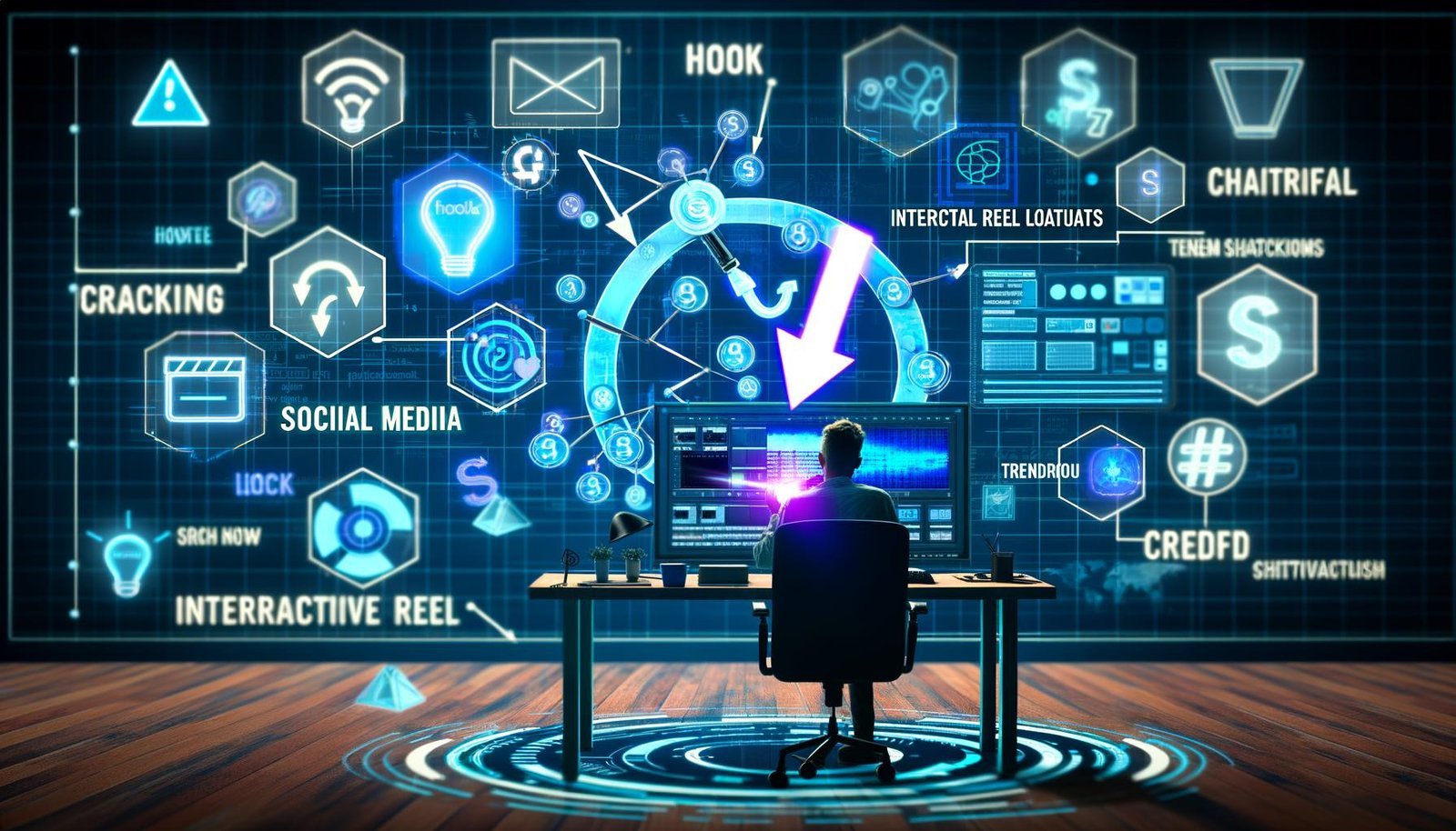 Illustration eines Creators, der vor einem Bildschirm ein innovatives X Reel Storyboard mit schwebenden Social Media-Elementen und Tools erstellt.