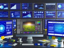 Digitaler Arbeitsplatz mit mehreren Computerbildschirmen, die Marketing-Analysen, Revcontent-Werbekampagnen, A/B-Test-Notizen und kreative Automatisierung zeigen