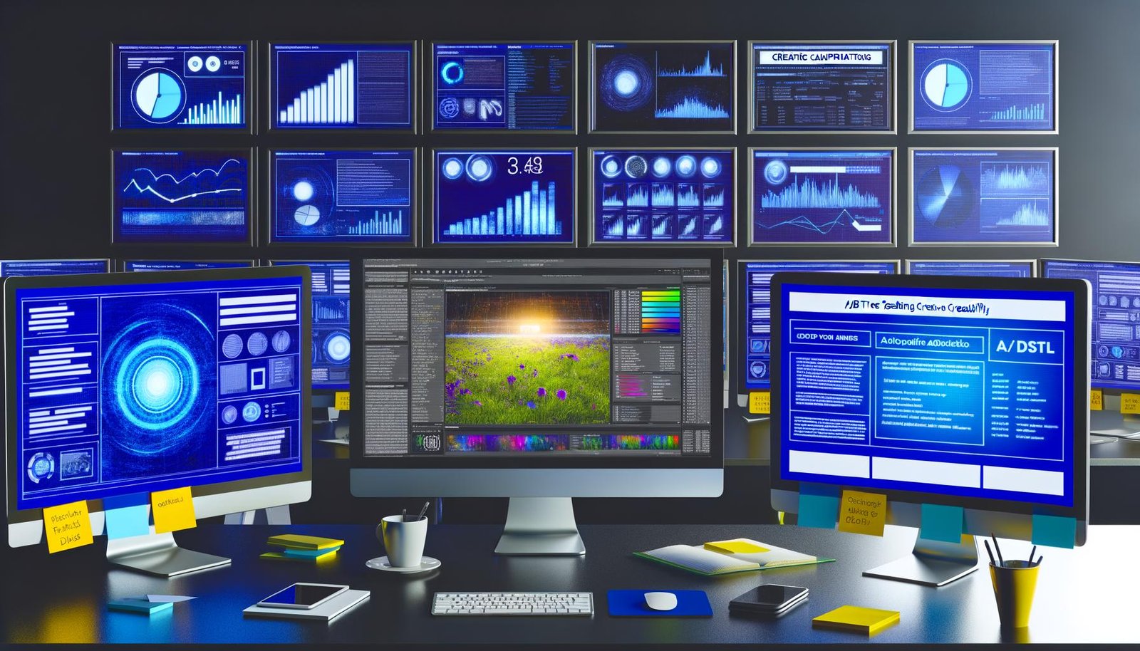 Digitaler Arbeitsplatz mit mehreren Computerbildschirmen, die Marketing-Analysen, Revcontent-Werbekampagnen, A/B-Test-Notizen und kreative Automatisierung zeigen