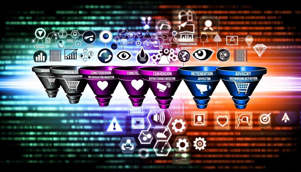 Illustration eines mehrstufigen Marketing-Trichters mit modernen Icons für Awareness, Consideration, Conversion, Retention und Advocacy, ergänzt durch Datenvisualisierungen und technische Symbole in kräftigen Tech-Farben.
