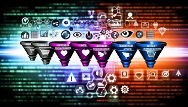 Illustration eines mehrstufigen Marketing-Trichters mit modernen Icons für Awareness, Consideration, Conversion, Retention und Advocacy, ergänzt durch Datenvisualisierungen und technische Symbole in kräftigen Tech-Farben.