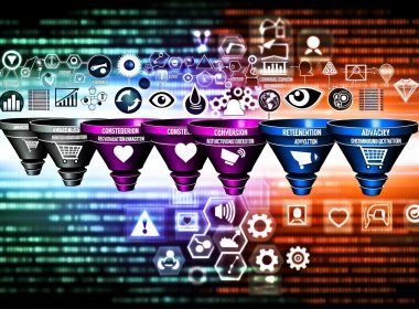 Illustration eines mehrstufigen Marketing-Trichters mit modernen Icons für Awareness, Consideration, Conversion, Retention und Advocacy, ergänzt durch Datenvisualisierungen und technische Symbole in kräftigen Tech-Farben.