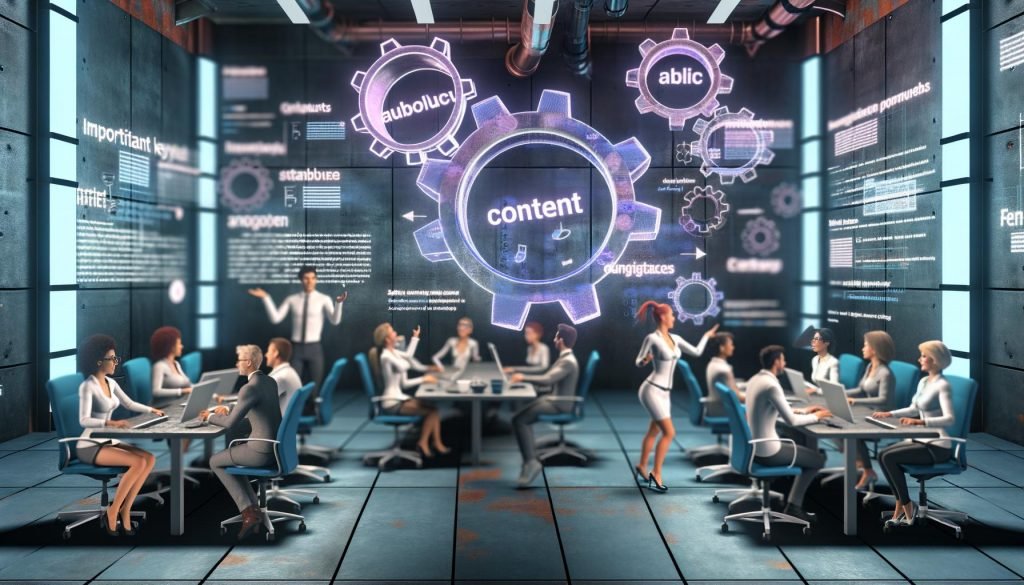 Futuristisches Büro mit diversen digitalen Marketern, die an Computern und holografischen SEO-Bildschirmen arbeiten, umgeben von KI-generierten Texten und Statistiken.