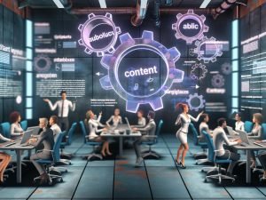 Futuristisches Büro mit diversen digitalen Marketern, die an Computern und holografischen SEO-Bildschirmen arbeiten, umgeben von KI-generierten Texten und Statistiken.