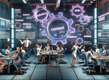Futuristisches Büro mit diversen digitalen Marketern, die an Computern und holografischen SEO-Bildschirmen arbeiten, umgeben von KI-generierten Texten und Statistiken.