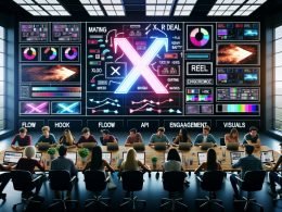 Junge Creator und Marketing-Profis arbeiten konzentriert an Laptops und Smartphones vor digitalen Dashboards, zentral ein großer X-Logo-Bildschirm mit animierten Reels, LED-Lichter und Whiteboards mit Social-Media-Schlagworten.