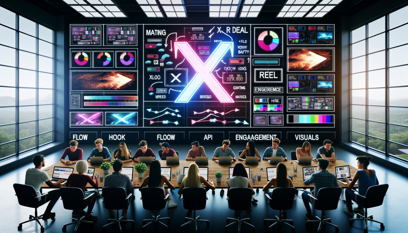 Junge Creator und Marketing-Profis arbeiten konzentriert an Laptops und Smartphones vor digitalen Dashboards, zentral ein großer X-Logo-Bildschirm mit animierten Reels, LED-Lichter und Whiteboards mit Social-Media-Schlagworten.