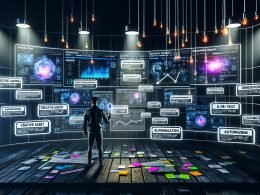 Futuristischer Arbeitsplatz mit vielen Monitoren, die Analytics, Marketing-Dashboards, Whiteboard mit Flowcharts und einen fokussierten Marketer bei der Analyse von Werbedaten zeigen