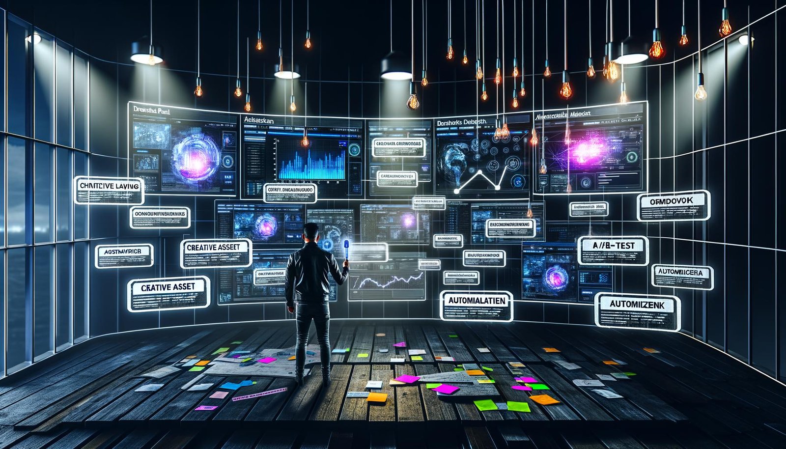 Futuristischer Arbeitsplatz mit vielen Monitoren, die Analytics, Marketing-Dashboards, Whiteboard mit Flowcharts und einen fokussierten Marketer bei der Analyse von Werbedaten zeigen