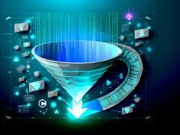 Digitales Titelbild mit leuchtendem Funnel, Datenströmen, binären Zahlen und modernen Analytics-Elementen in Blau- und Türkis.