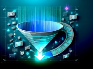 Digitales Titelbild mit leuchtendem Funnel, Datenströmen, binären Zahlen und modernen Analytics-Elementen in Blau- und Türkis.