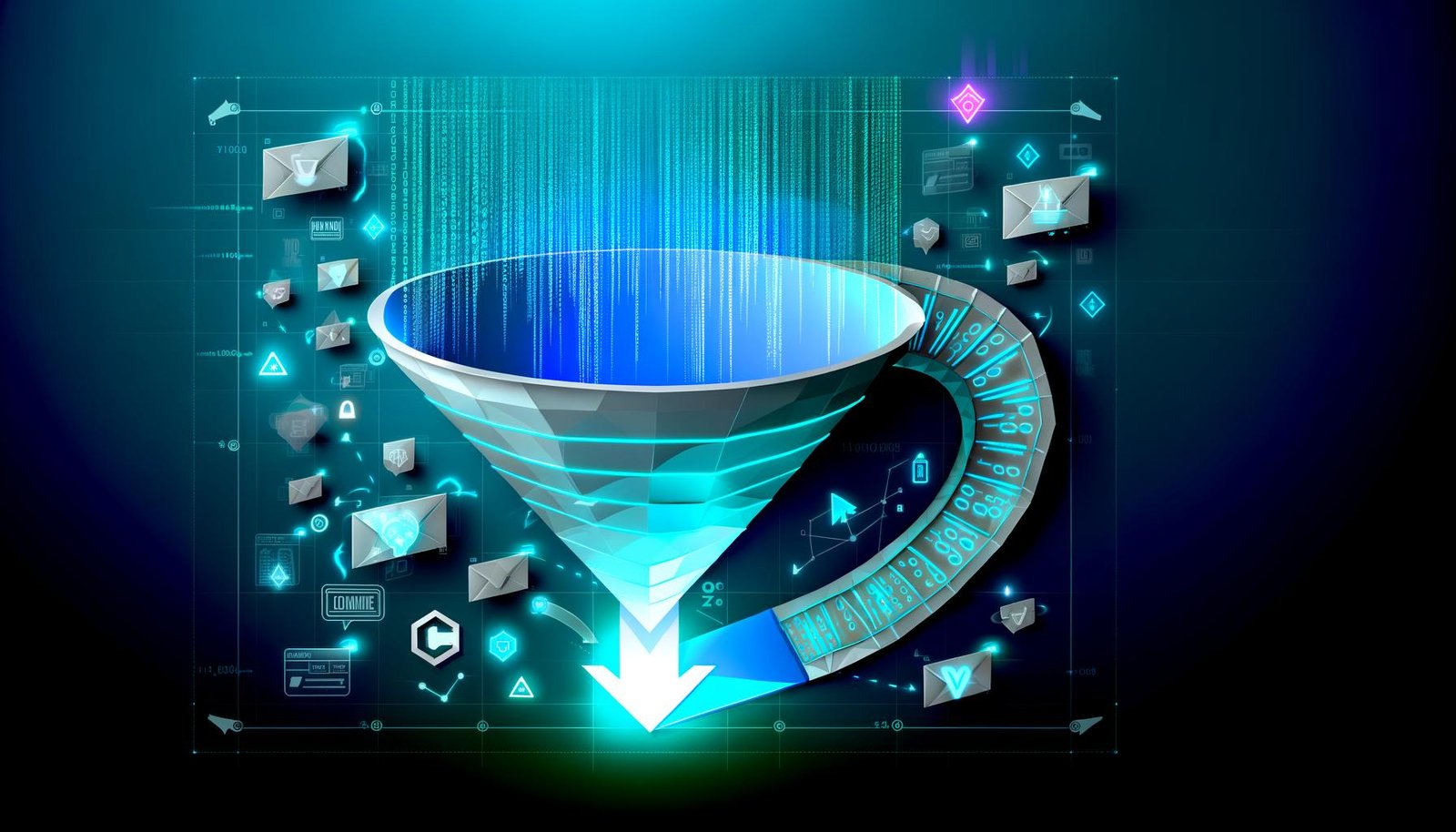 Digitales Titelbild mit leuchtendem Funnel, Datenströmen, binären Zahlen und modernen Analytics-Elementen in Blau- und Türkis.