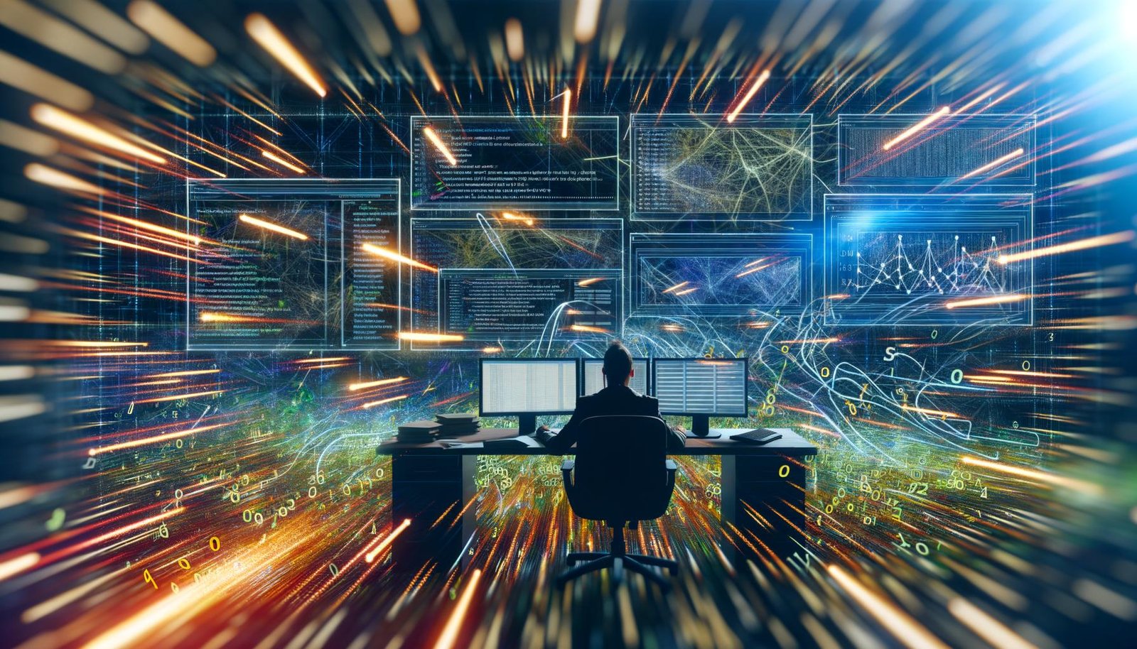 Eine konzentrierte Person arbeitet am Laptop an einem Schreibtisch mit mehreren Monitoren, umgeben von abstrakten Code- und Keyword-Strömen in einer dynamischen digitalen Kampfszene.