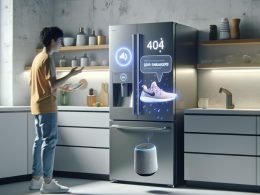 Moderne Küche mit digitalem Kühlschrank, Smart Speaker, Hologramm-Projektion eines Sneaker-Angebots und techaffiner Person