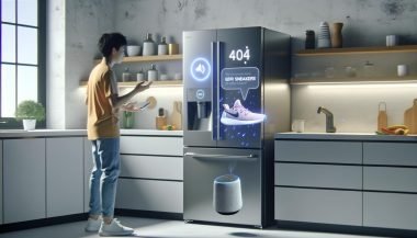 Moderne Küche mit digitalem Kühlschrank, Smart Speaker, Hologramm-Projektion eines Sneaker-Angebots und techaffiner Person