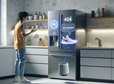 Moderne Küche mit digitalem Kühlschrank, Smart Speaker, Hologramm-Projektion eines Sneaker-Angebots und techaffiner Person