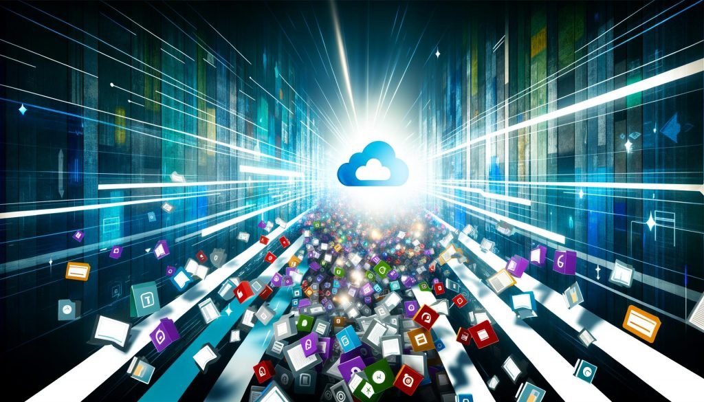 Futuristisches Titelbild zeigt chaotische Datenquellen wie Excel-Tabellen, Cloud-Icons und Aktenordner, die sich zu einer klaren Datenstraße formen, an deren Ende ein beleuchtetes Dashboard steht.