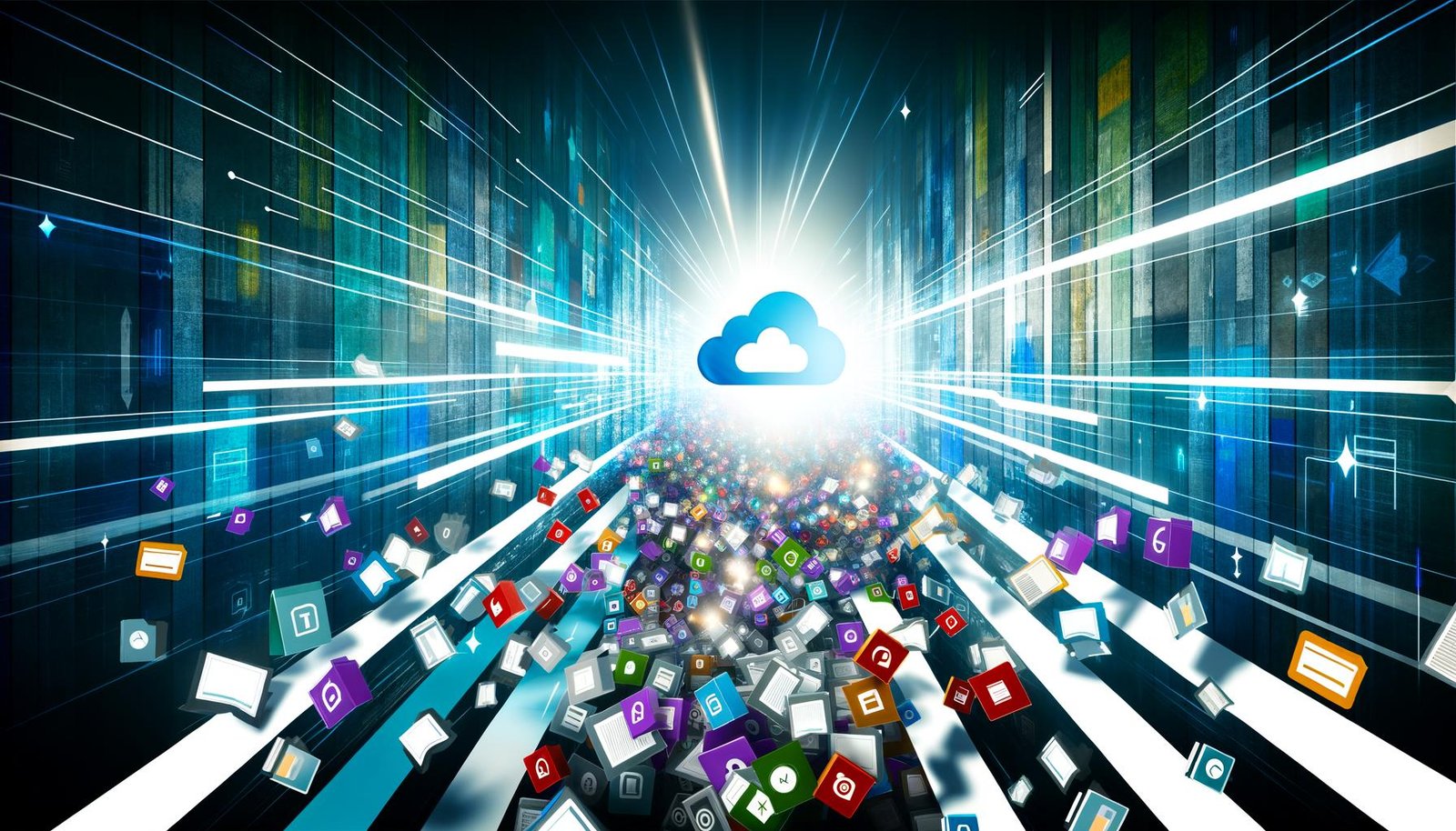 Futuristisches Titelbild zeigt chaotische Datenquellen wie Excel-Tabellen, Cloud-Icons und Aktenordner, die sich zu einer klaren Datenstraße formen, an deren Ende ein beleuchtetes Dashboard steht.